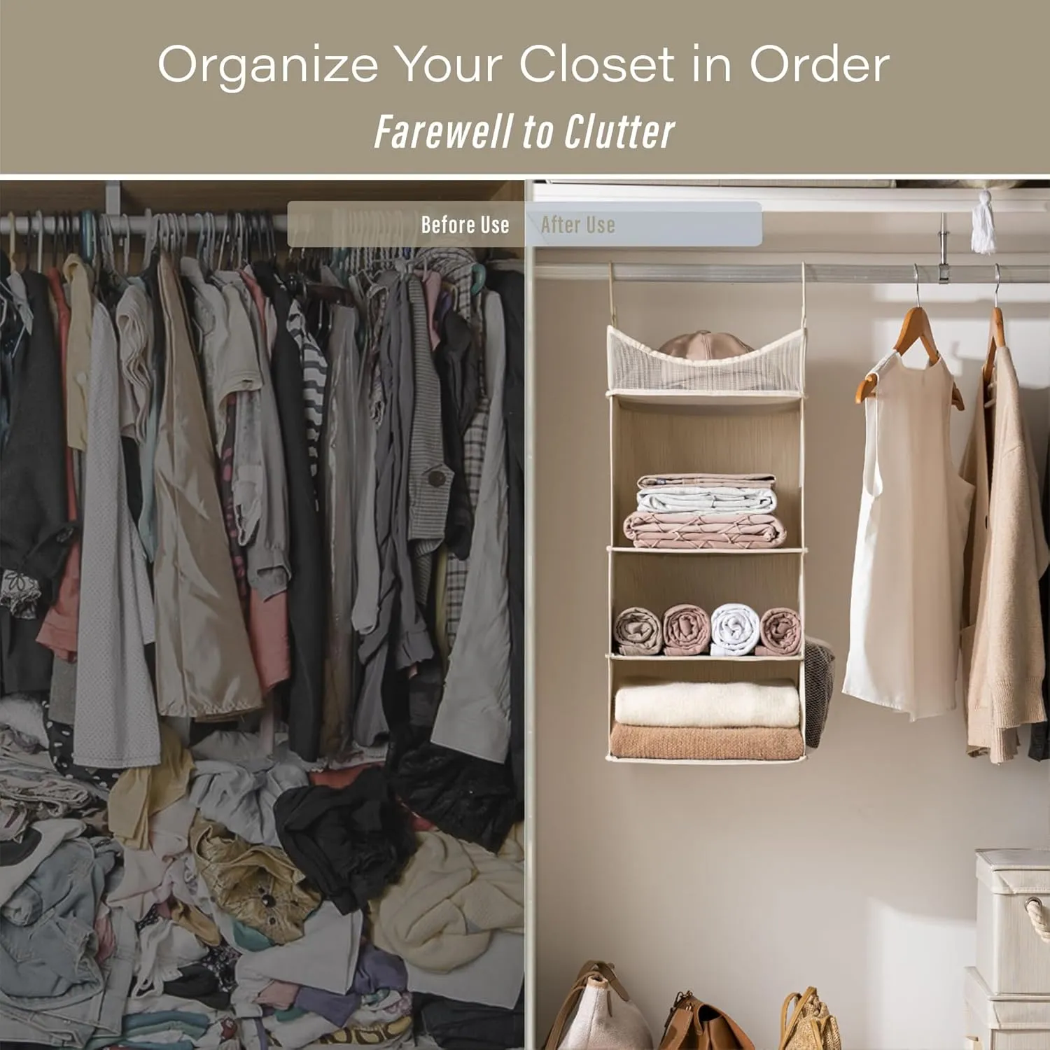 StorageWorks 3-Shelf Hanging Closet Organizer, Adjustable Hanging Closet Organizers and Storage, 12 ¾”W x 12 ¾”D x 32”H, White & Ivory