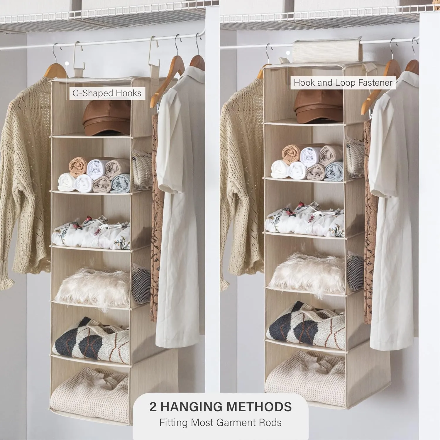 StorageWorks 6-Shelf Hanging Closet Organizer, Hanging Shelves for Closet, Fabric, Mixing of Beige, White & Ivory, 12" D x 12" W x 47 1⁄2" H
