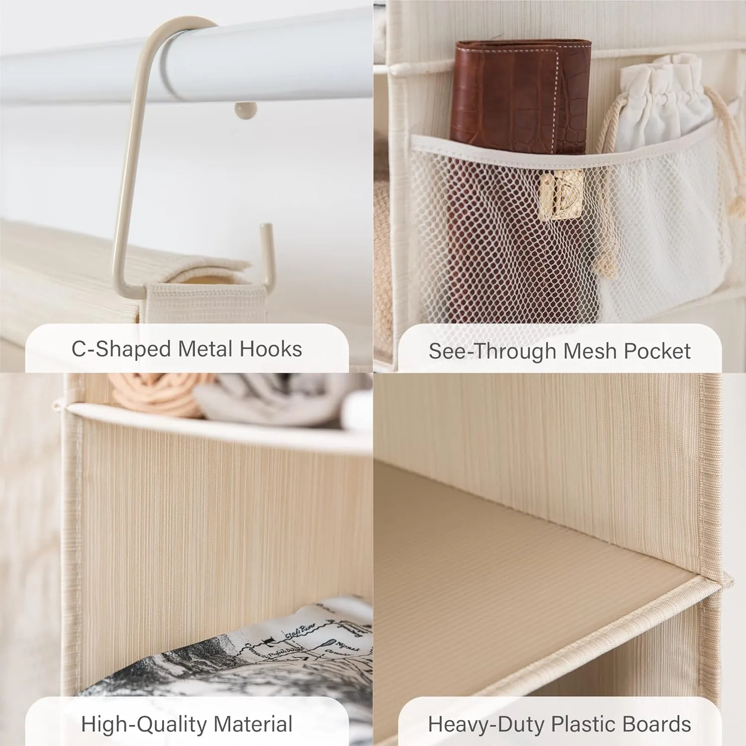 StorageWorks 6-Shelf Hanging Closet Organizer, Hanging Shelves for Closet, Fabric, Mixing of Beige, White & Ivory, 12" D x 12" W x 47 1⁄2" H
