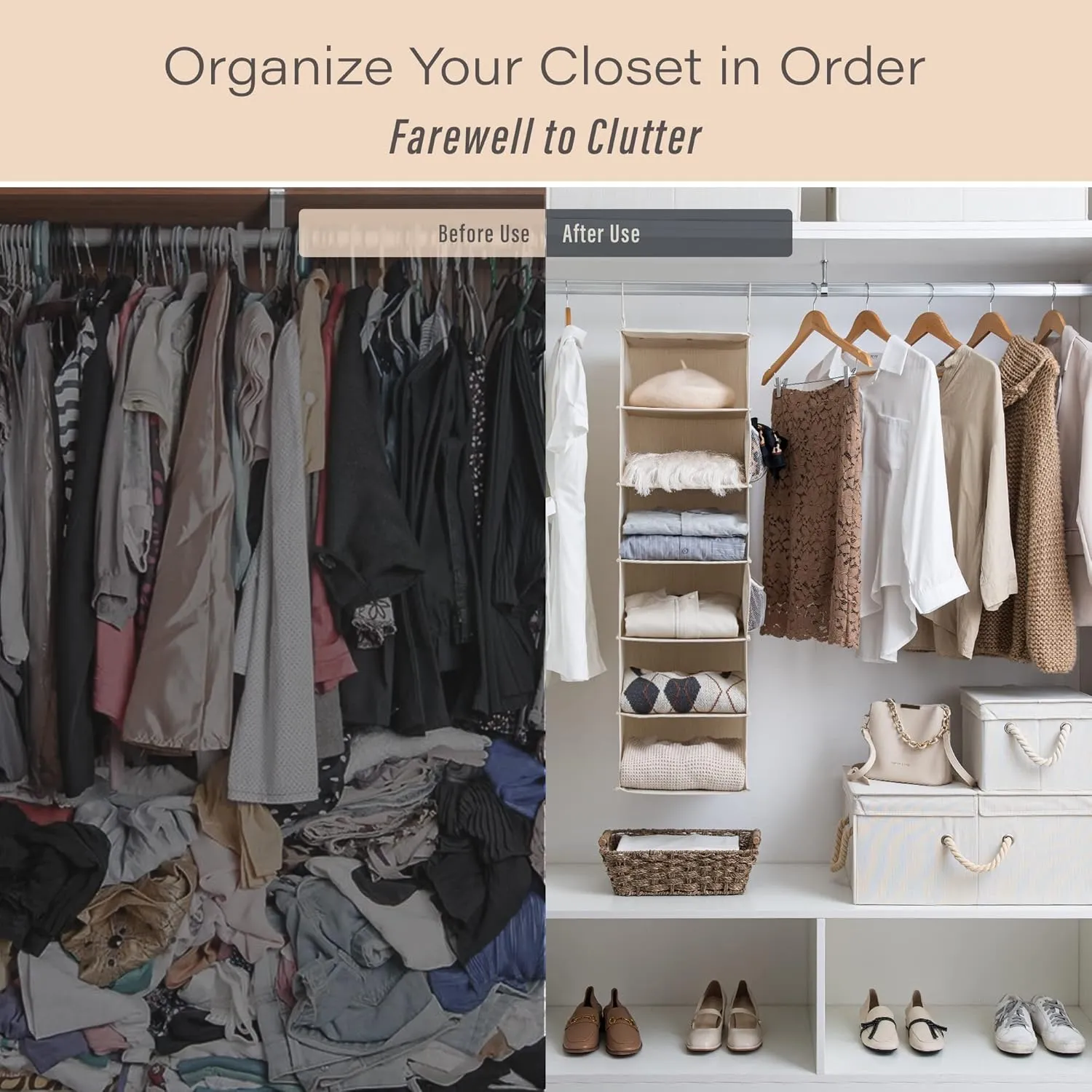 StorageWorks 6-Shelf Hanging Closet Organizer, Hanging Shelves for Closet, Fabric, Mixing of Beige, White & Ivory, 12" D x 12" W x 47 1⁄2" H
