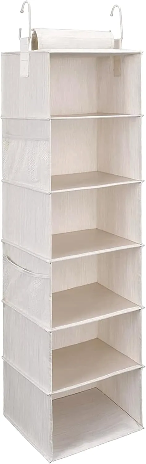 StorageWorks 6-Shelf Hanging Closet Organizer, Hanging Shelves for Closet, Fabric, Mixing of Beige, White & Ivory, 12" D x 12" W x 47 1⁄2" H