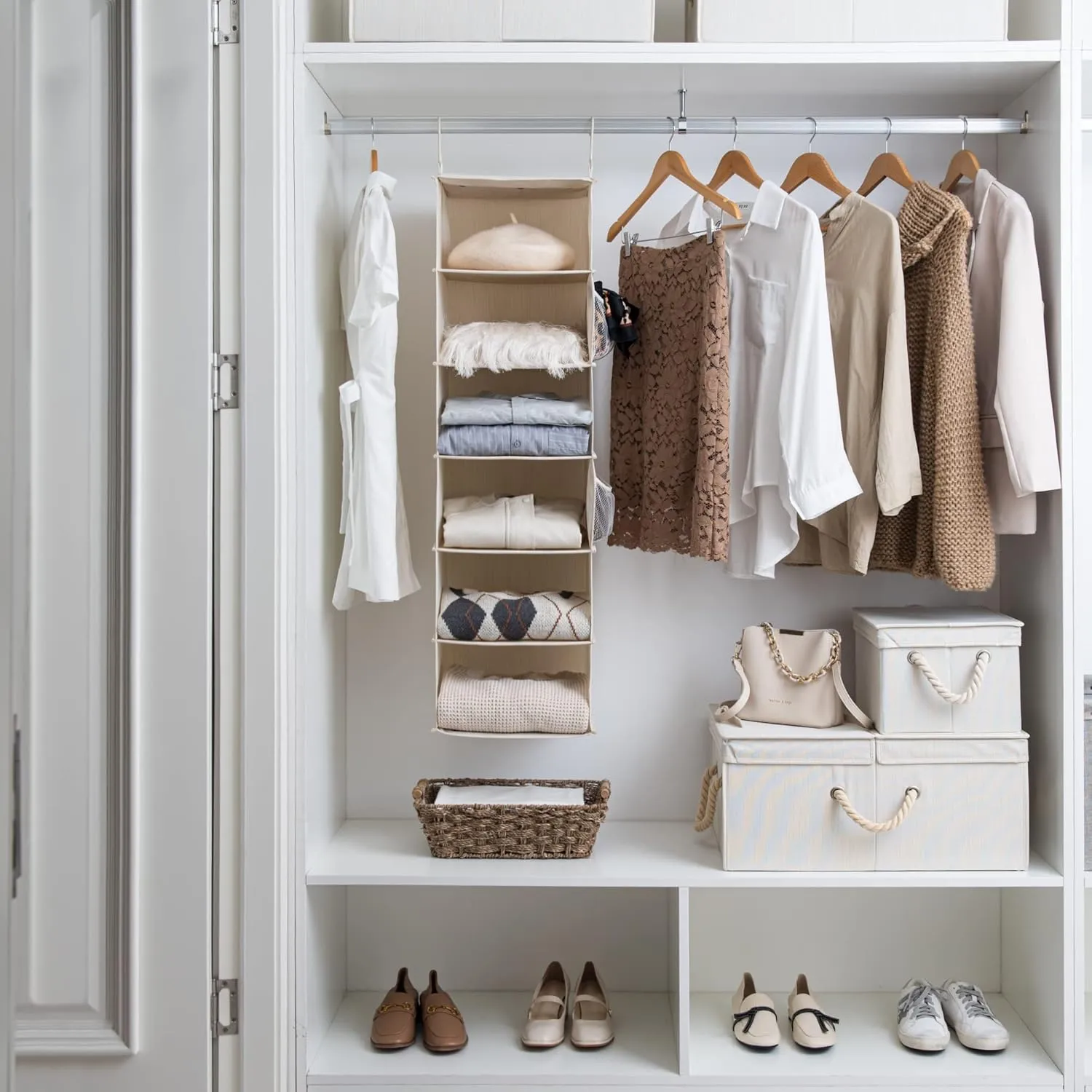 StorageWorks 6-Shelf Hanging Closet Organizer, Hanging Shelves for Closet, Fabric, Mixing of Beige, White & Ivory, 12" D x 12" W x 47 1⁄2" H