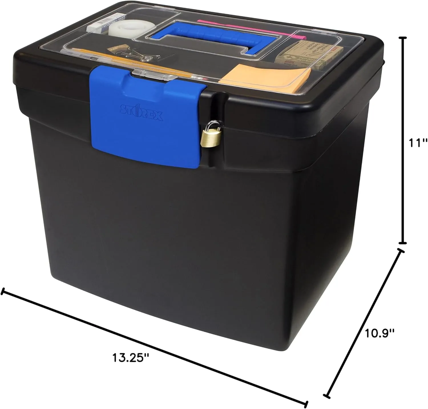 Storex Portable File Box, with Lockable XL Supply Storage Lid and Carry Handle, Black/Blue, 10.9 x 11 x 13.25 Inches, 2-Pack (61415B02C)