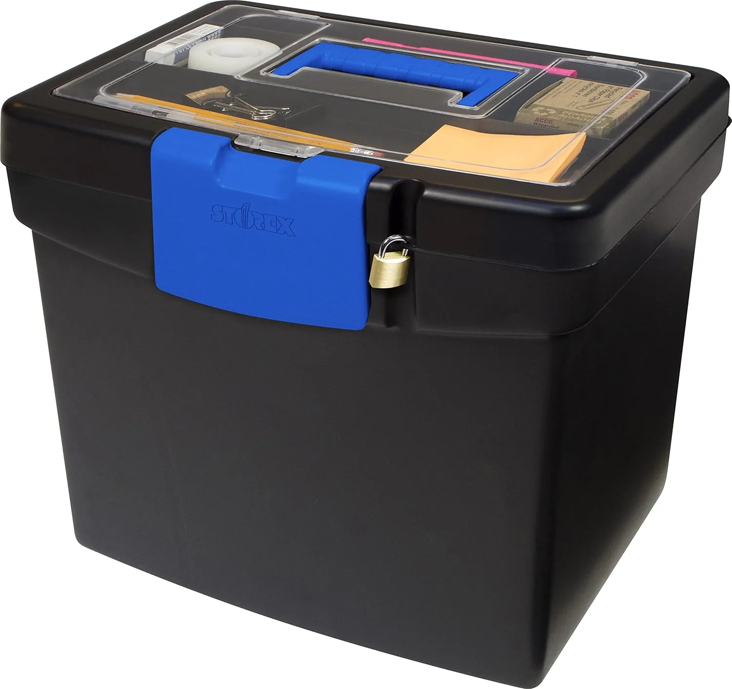 Storex Portable File Box, with Lockable XL Supply Storage Lid and Carry Handle, Black/Blue, 10.9 x 11 x 13.25 Inches, 2-Pack (61415B02C)