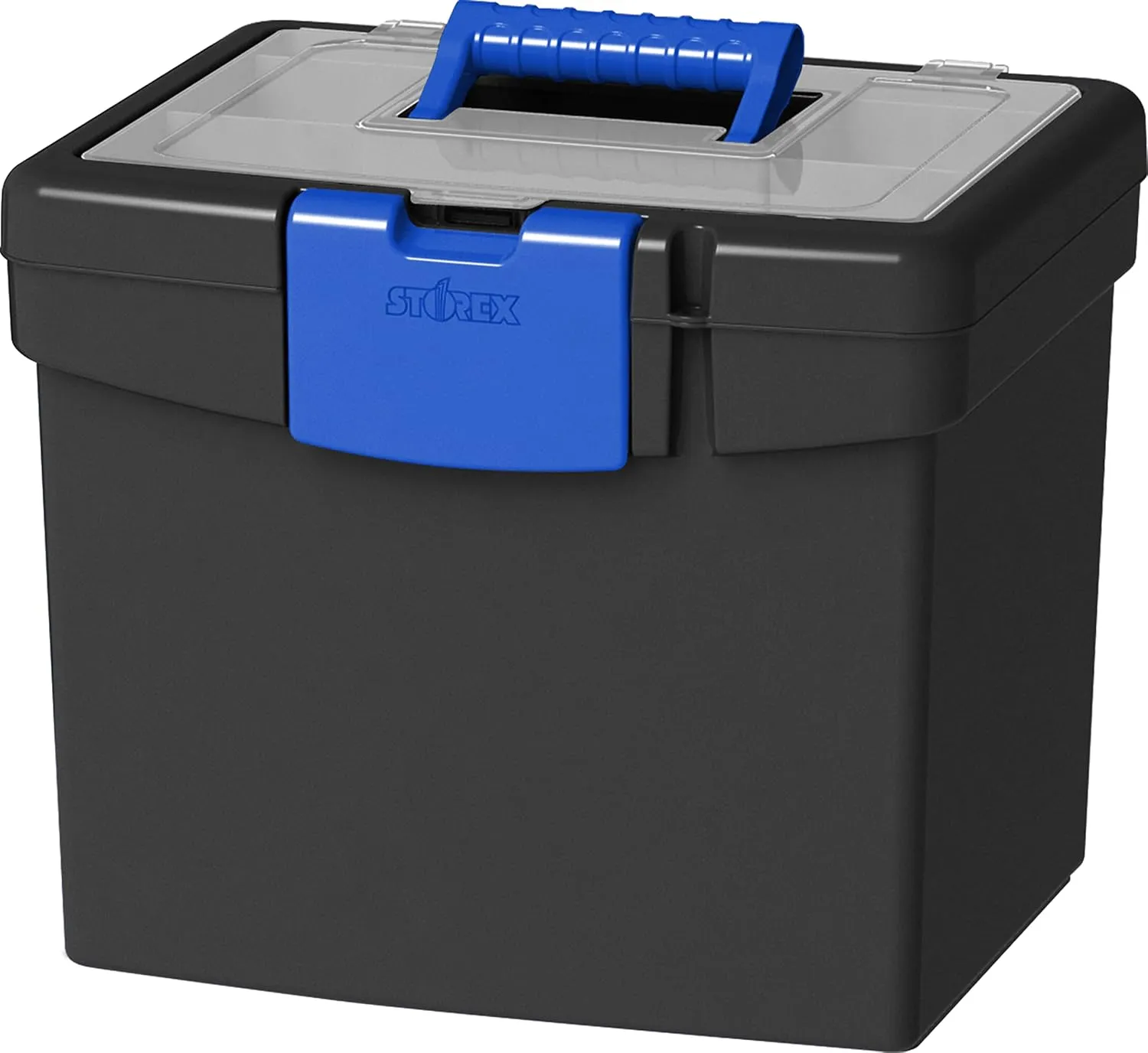 Storex Portable File Box, with Lockable XL Supply Storage Lid and Carry Handle, Black/Blue, 10.9 x 11 x 13.25 Inches, 2-Pack (61415B02C)