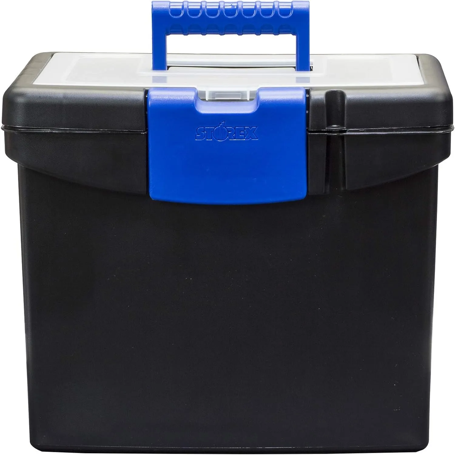 Storex Portable File Box, with Lockable XL Supply Storage Lid and Carry Handle, Black/Blue, 10.9 x 11 x 13.25 Inches, 2-Pack (61415B02C)