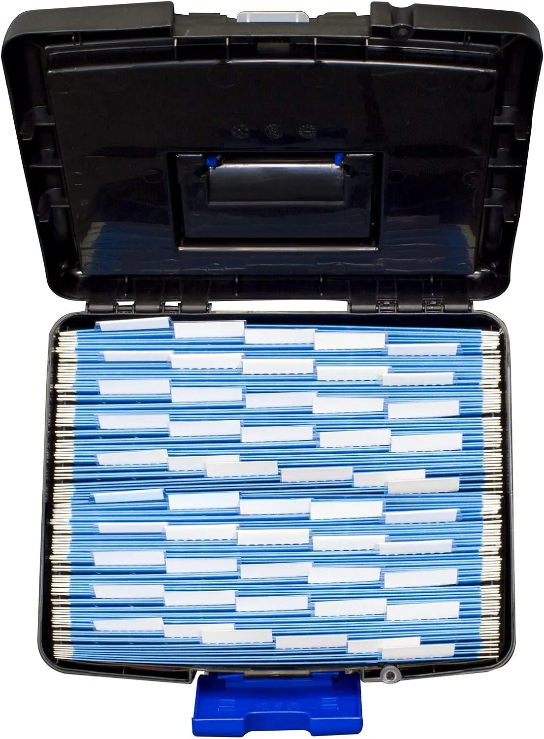 Storex Portable File Box, with Lockable XL Supply Storage Lid and Carry Handle, Black/Blue, 10.9 x 11 x 13.25 Inches, 2-Pack (61415B02C)