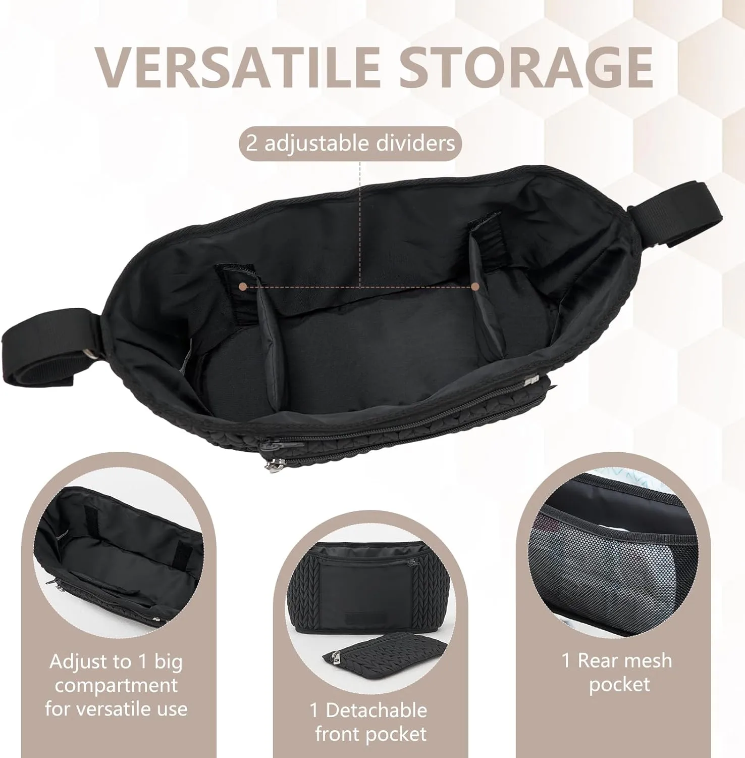 Stroller Organizer - Stylish 3D Herringbone Quilting Nylon, Universal Fit, Detachable Bag, Adjustable Multi-Storage for Baby Essentials