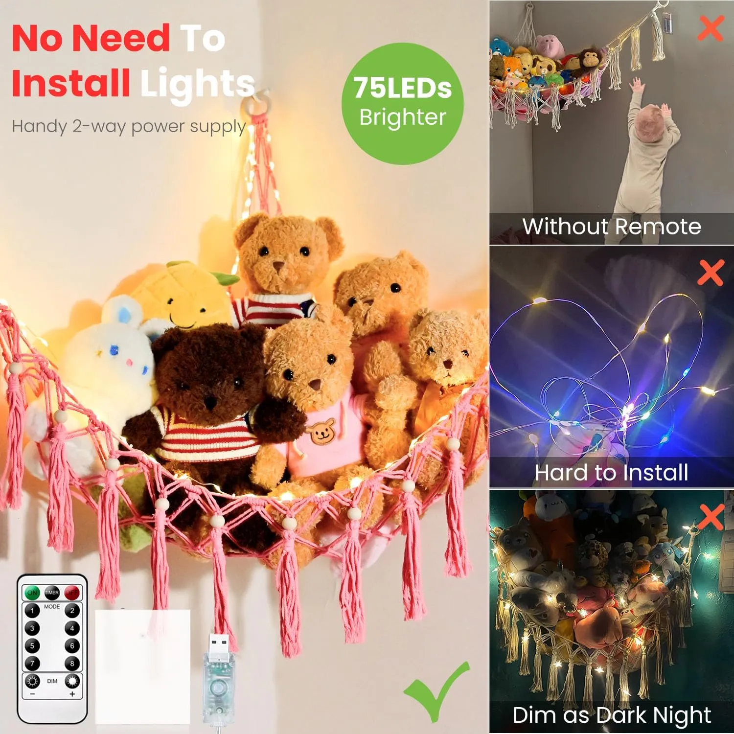 Stuffed Animal Hammock, 55in Storage Macrame Hammock with 75LEDs, Hanging Net for Kids Bedroom Doll Room Corner Organizer, USB Powered Plush Animal with Remote (Hot Pink, XL)