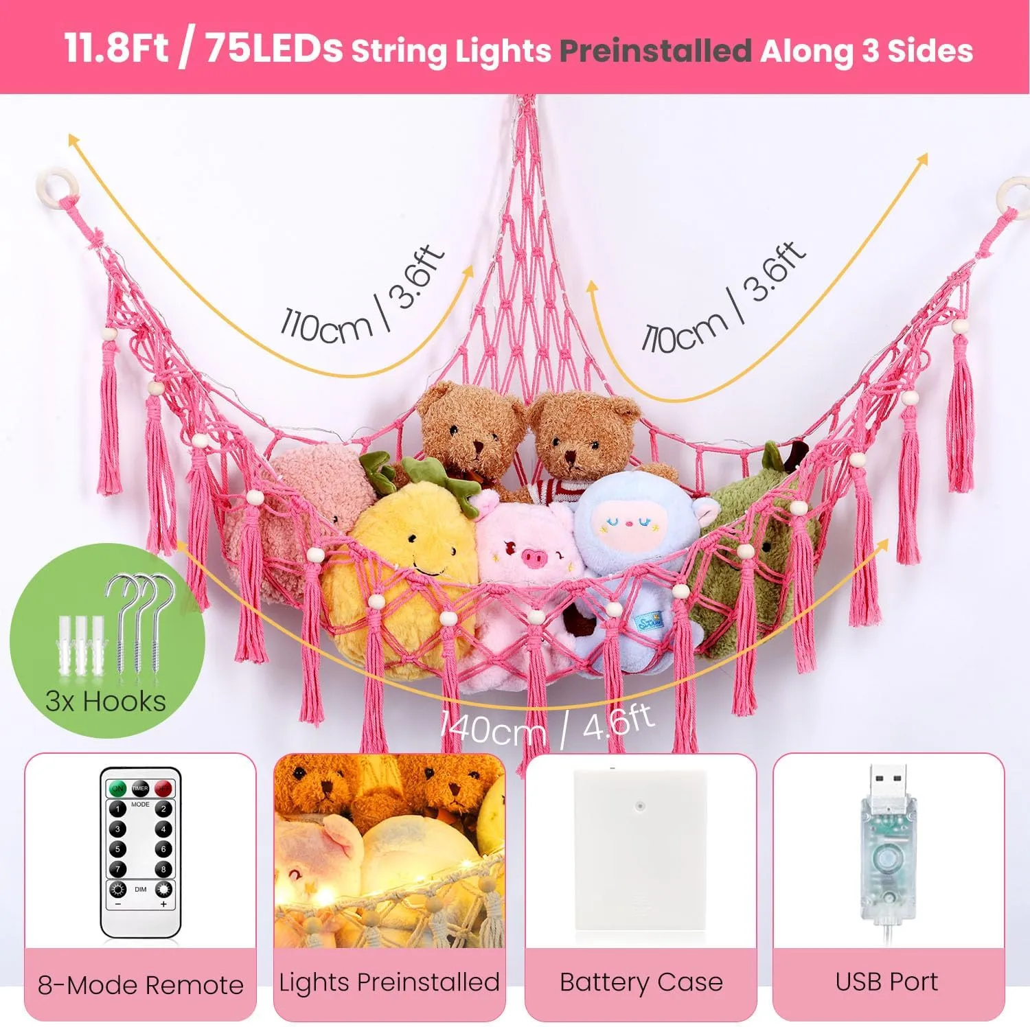 Stuffed Animal Hammock, 55in Storage Macrame Hammock with 75LEDs, Hanging Net for Kids Bedroom Doll Room Corner Organizer, USB Powered Plush Animal with Remote (Hot Pink, XL)