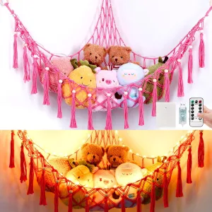 Stuffed Animal Hammock, 55in Storage Macrame Hammock with 75LEDs, Hanging Net for Kids Bedroom Doll Room Corner Organizer, USB Powered Plush Animal with Remote (Hot Pink, XL)