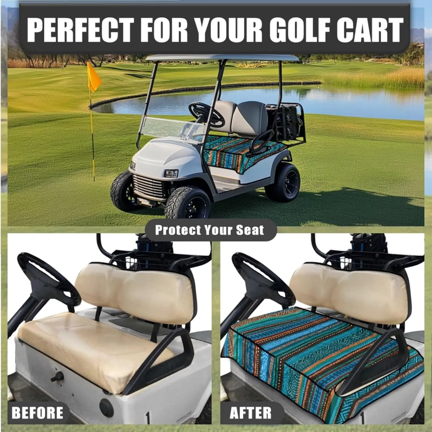 Summer-Ready Golf Cart Seat Kit - Green Aztec Print Lightweight Seat Blanket (4 Pockets)   Anti-Heat Steering Protector, for Golfers (Men & Women)