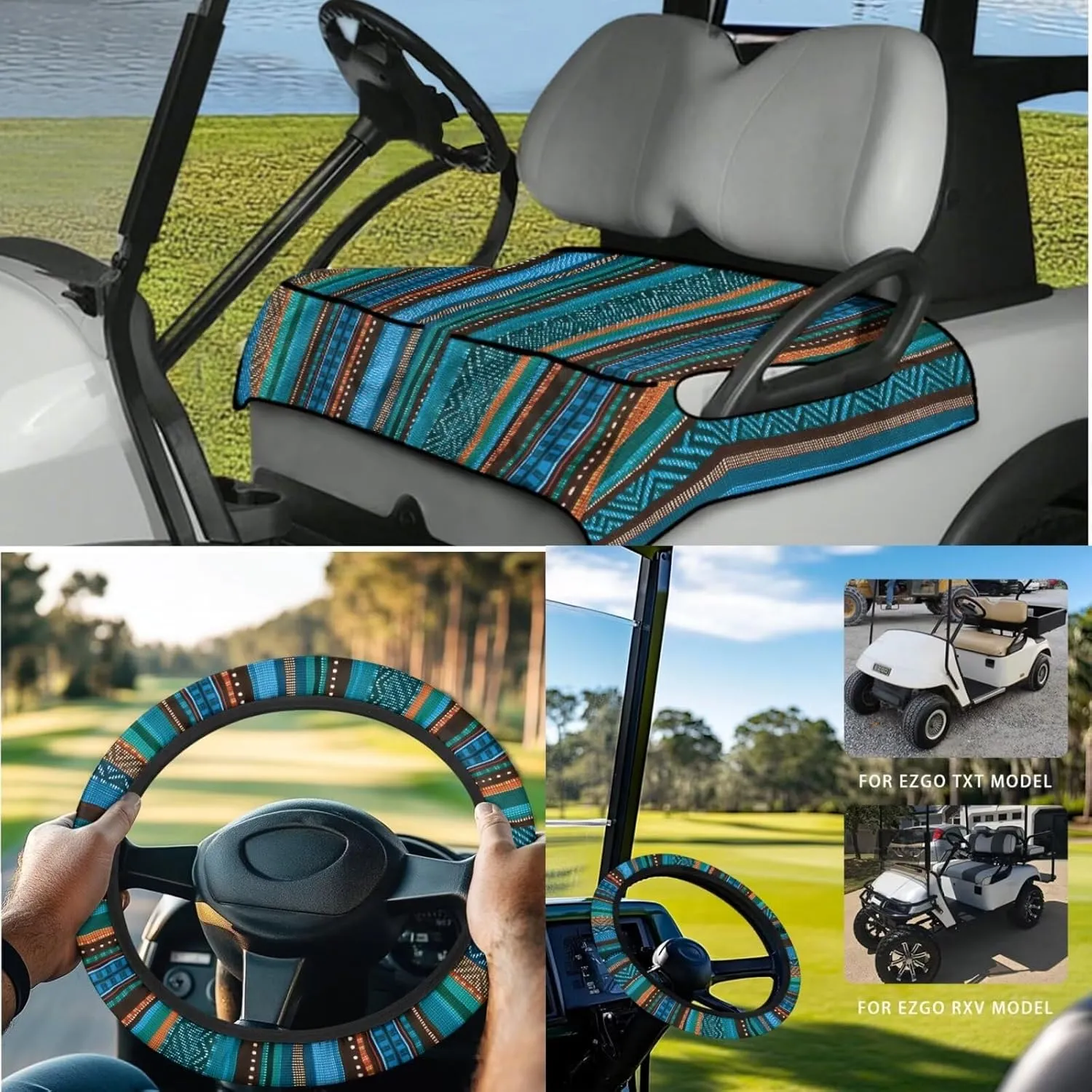 Summer-Ready Golf Cart Seat Kit - Green Aztec Print Lightweight Seat Blanket (4 Pockets)   Anti-Heat Steering Protector, for Golfers (Men & Women)