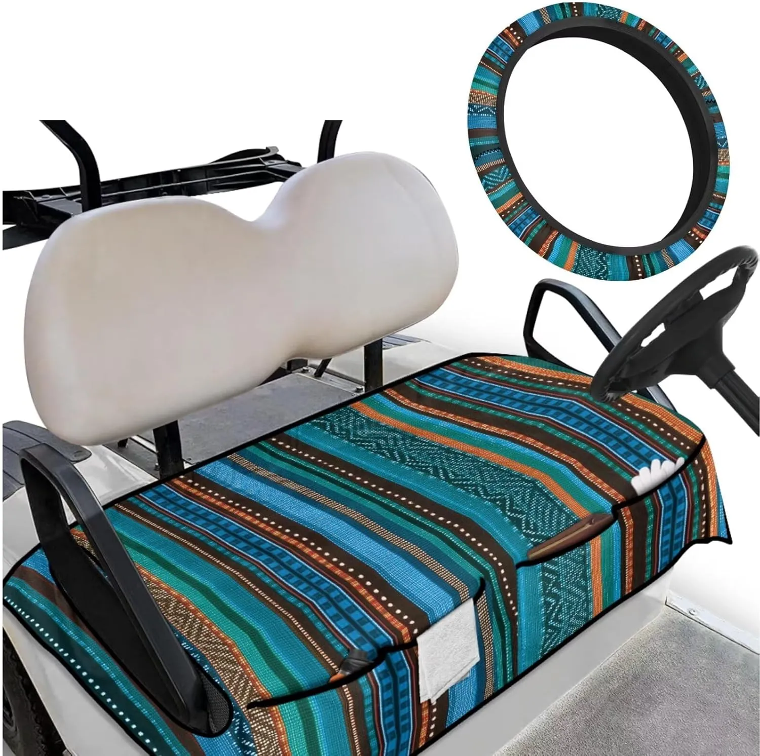 Summer-Ready Golf Cart Seat Kit - Green Aztec Print Lightweight Seat Blanket (4 Pockets)   Anti-Heat Steering Protector, for Golfers (Men & Women)