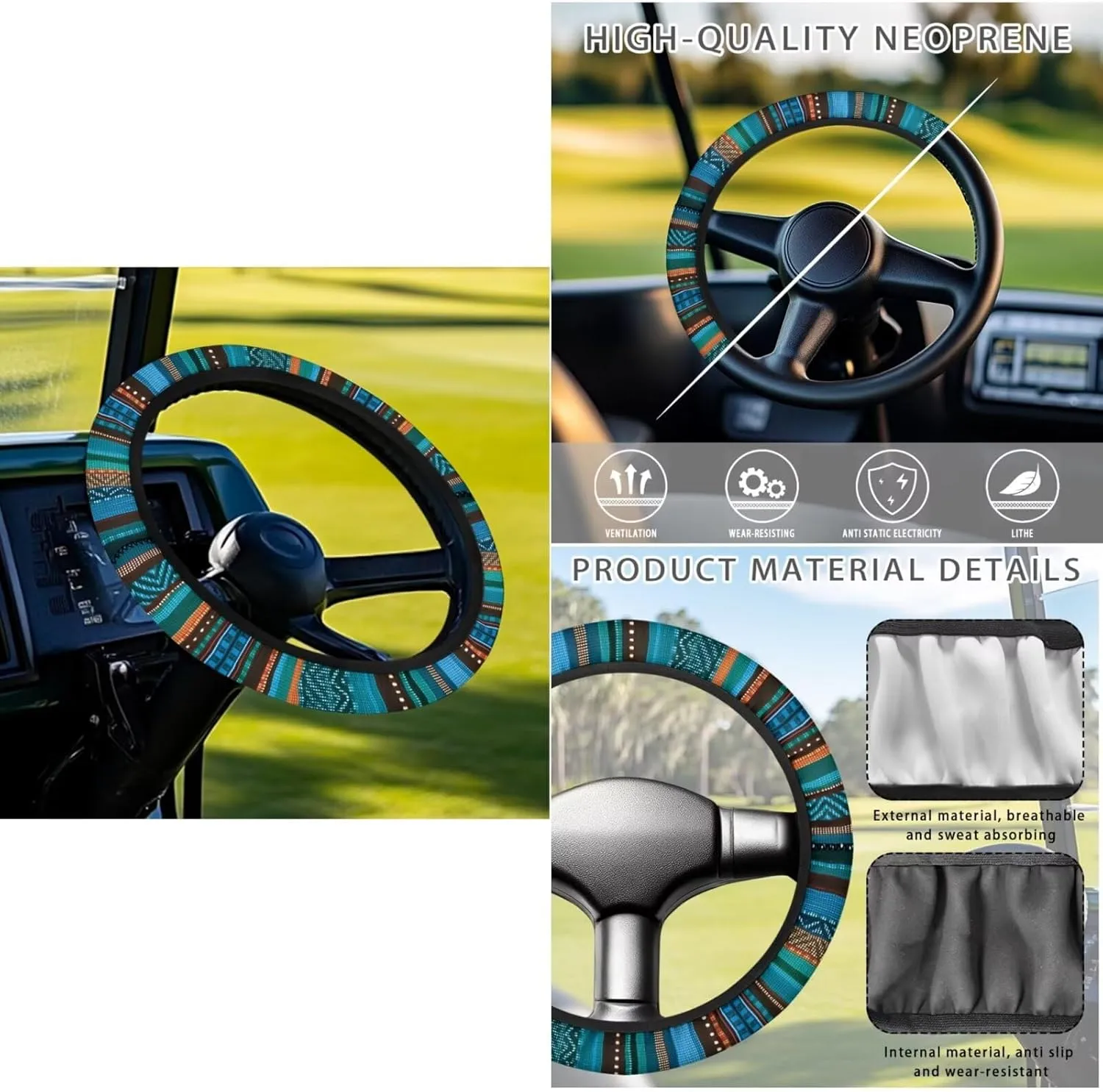 Summer-Ready Golf Cart Seat Kit - Green Aztec Print Lightweight Seat Blanket (4 Pockets)   Anti-Heat Steering Protector, for Golfers (Men & Women)