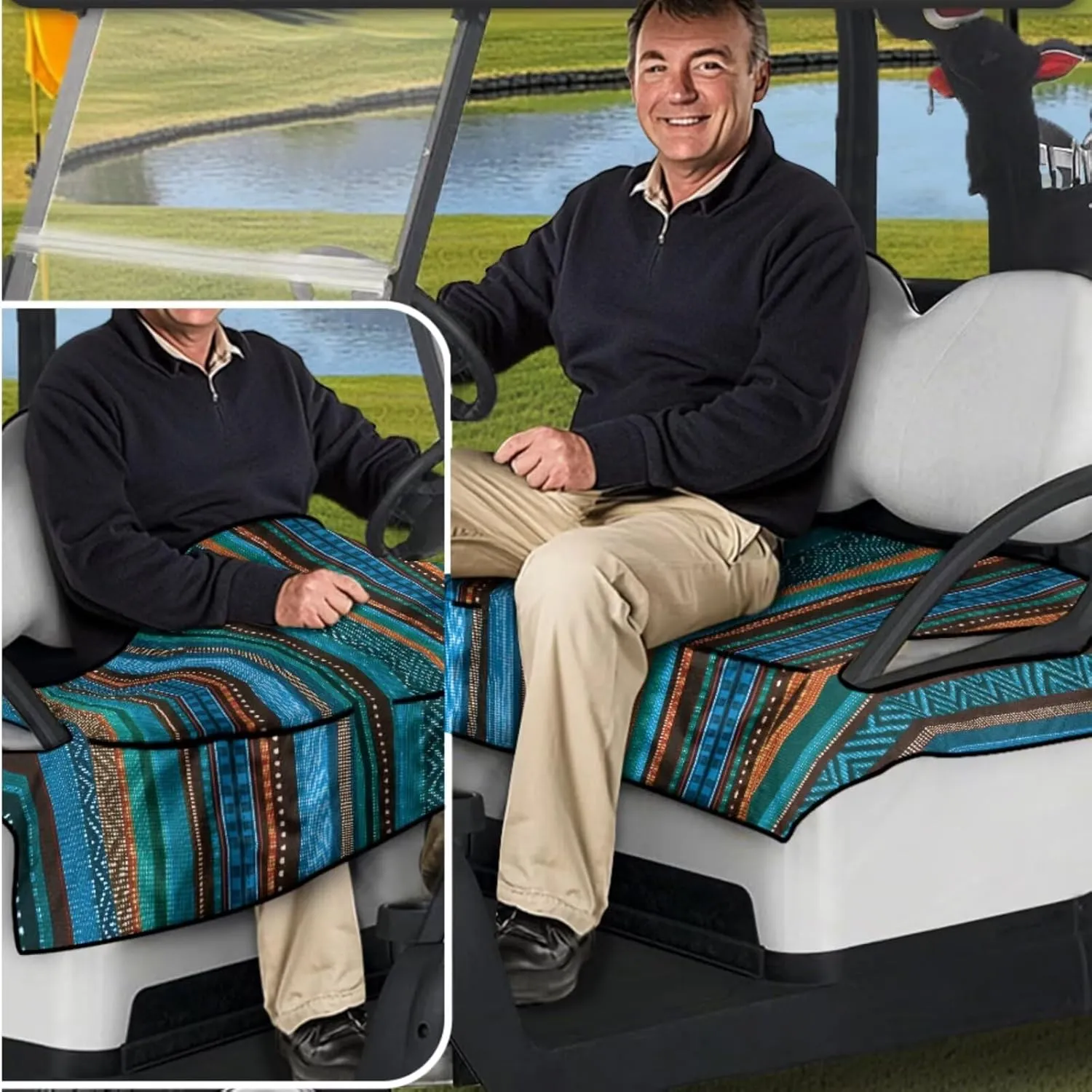 Summer-Ready Golf Cart Seat Kit - Green Aztec Print Lightweight Seat Blanket (4 Pockets)   Anti-Heat Steering Protector, for Golfers (Men & Women)