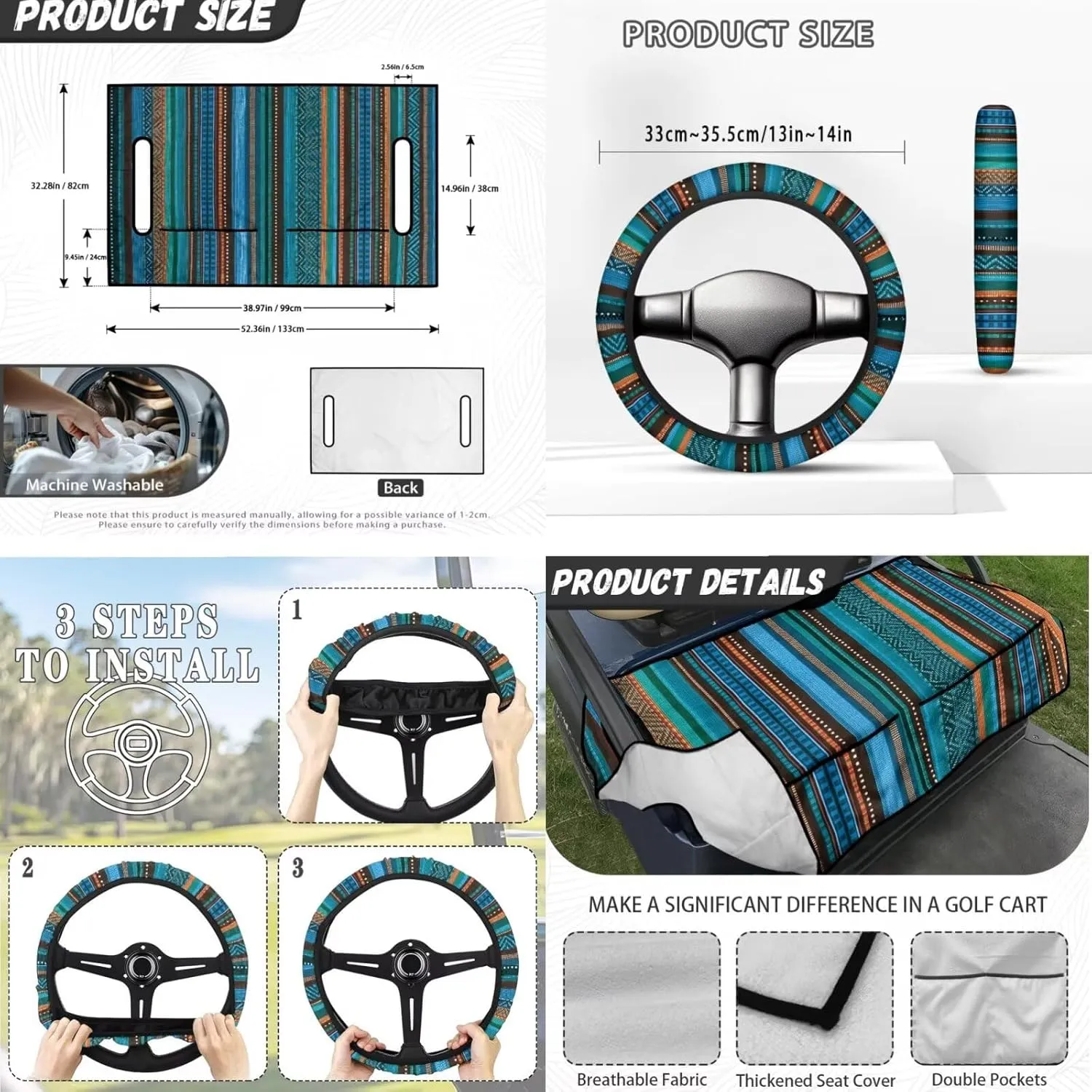 Summer-Ready Golf Cart Seat Kit - Green Aztec Print Lightweight Seat Blanket (4 Pockets)   Anti-Heat Steering Protector, for Golfers (Men & Women)