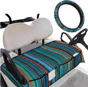 Summer-Ready Golf Cart Seat Kit - Green Aztec Print Lightweight Seat Blanket (4 Pockets)   Anti-Heat Steering Protector, for Golfers (Men & Women)