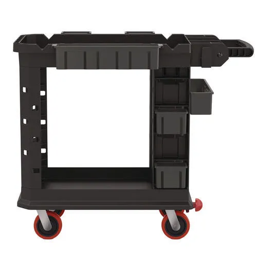 Suncast Commercial® Heavy Duty Plus Utility Cart, Plastic, 2 Shelves, 6 Bins, 500 lb Capacity, 19.5" x 41.78" x 34.81", Black