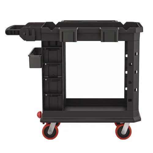 Suncast Commercial® Heavy Duty Plus Utility Cart, Plastic, 2 Shelves, 6 Bins, 500 lb Capacity, 19.5" x 41.78" x 34.81", Black