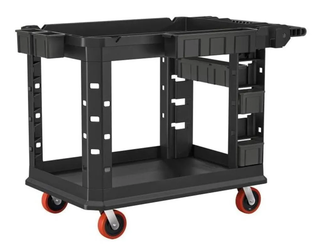 Suncast Commercial Heavy Duty Plus Utility Cart with Polyurethane Coated Wheels, Adjustable Caster System, Customizable Bin Storage, 6 Customizable Bins, 500 Pounds Load Capacity, Black