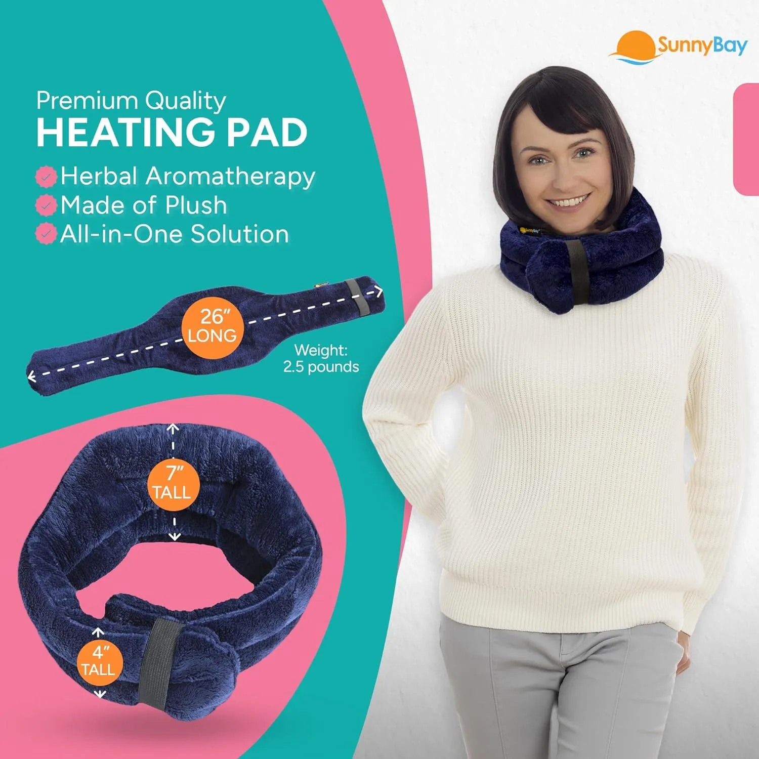 SunnyBay Microwave Heating Pad, Microwavable Heated Neck and Shoulder Wrap with Wide Neck Coverage, Hands-Free Moist Aromatherapy Hot Pack with Lavender, 26x7 Inches, 2.5 lbs, Made in USA, Navy Blue