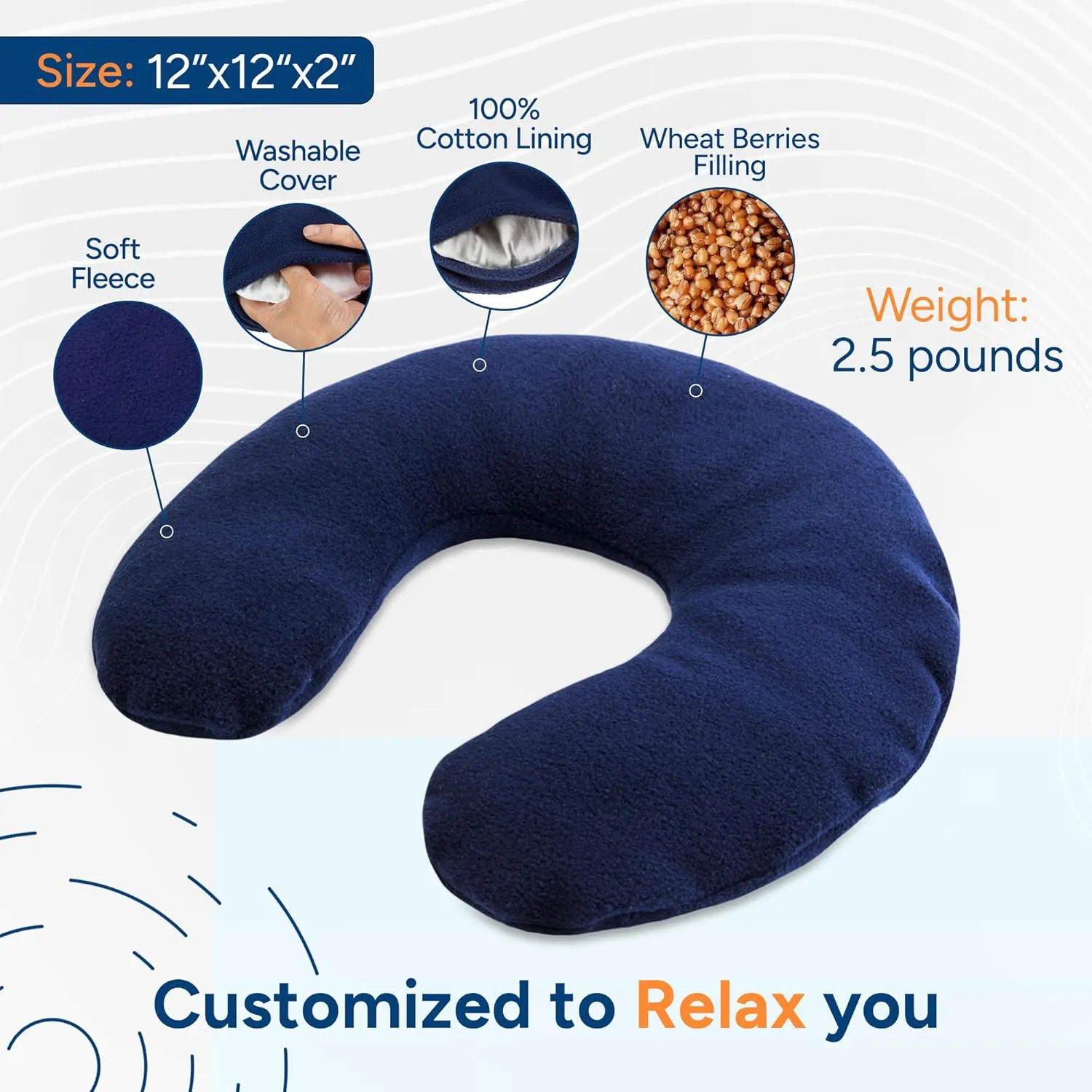 SunnyBay Microwave Heating Pad Microwavable Heated Neck Pillow for Moist Hot Therapy Mother's Day Gifts Shoulder Wrap with Wheat Filling and Washable Cover 12"x12"x2" 2.5 lbs Navy Blue