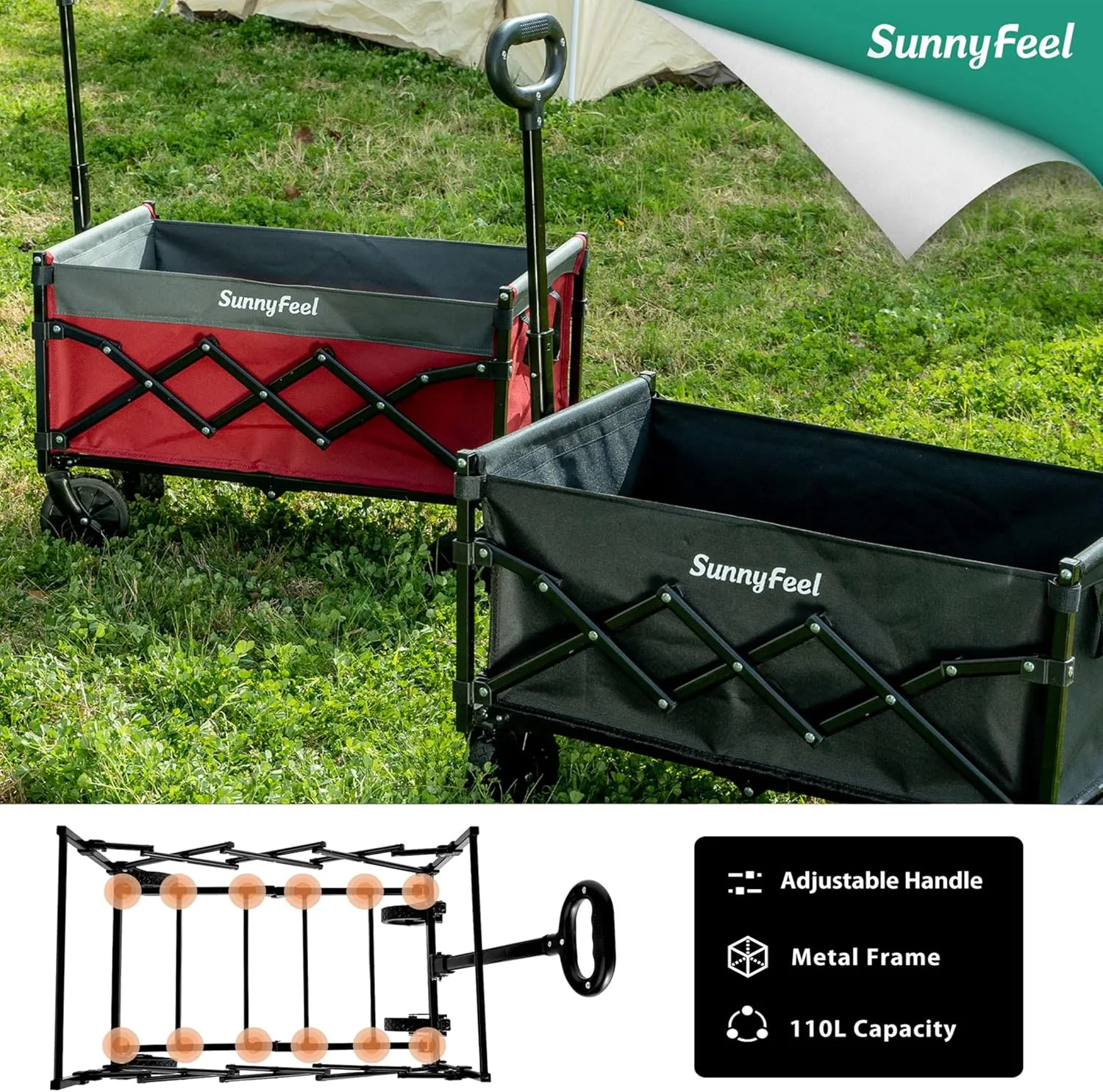 SunnyFeel 330lbs Wagons Carts Foldable,Heavy Duty Collapsible Folding Wagon Carts with Wheels,Lightweight Fold Up Wagon Cart for Outdoor Camping Shopping Sports Beach Garden Grocery