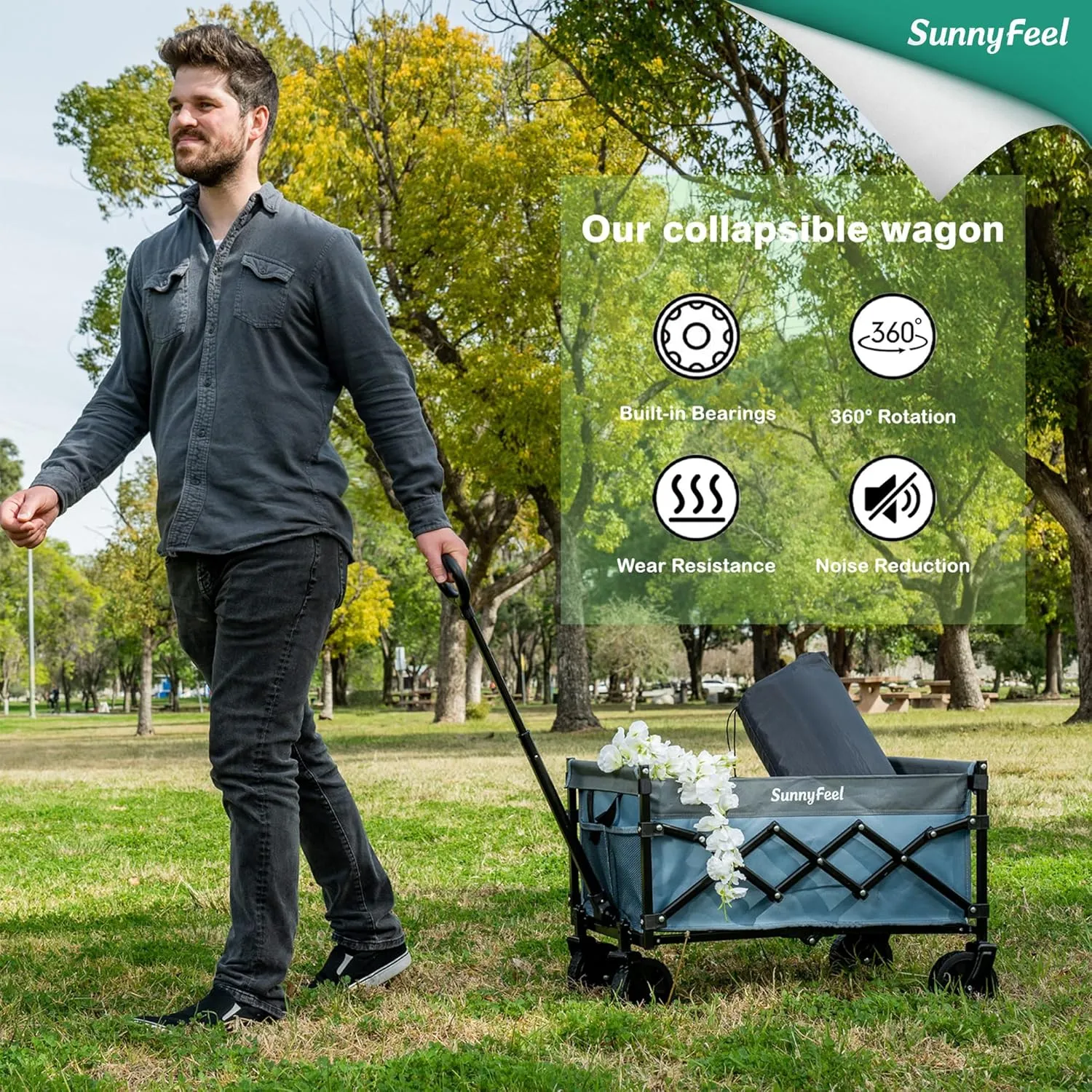 SunnyFeel 330lbs Wagons Carts Foldable,Heavy Duty Collapsible Folding Wagon Carts with Wheels,Lightweight Fold Up Wagon Cart for Outdoor Camping Shopping Sports Beach Garden Grocery