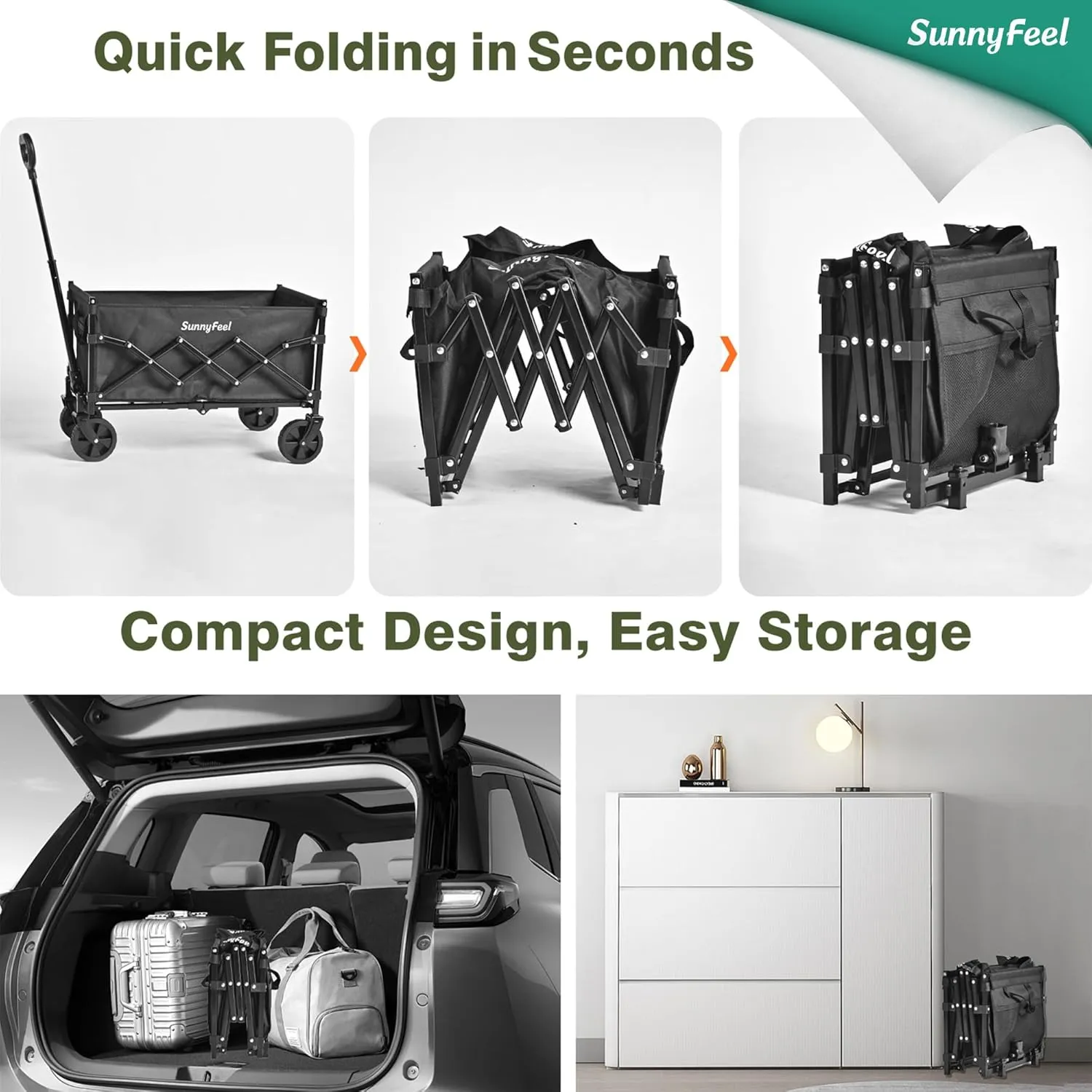 SunnyFeel 330lbs Wagons Carts Foldable,Heavy Duty Collapsible Folding Wagon Carts with Wheels,Lightweight Fold Up Wagon Cart for Outdoor Camping Shopping Sports Beach Garden Grocery