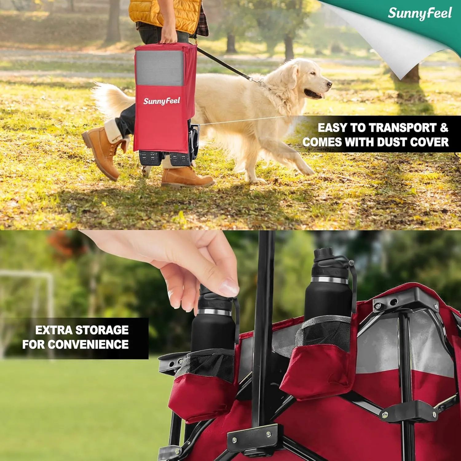 SunnyFeel 49''L 550lbs Heavy Duty Wagon Cart Foldable with Wheels,Extra Long Fold Up Wagons Carts with Side Pocket and Brakes for Camping Sports Garden Shopping (Red)