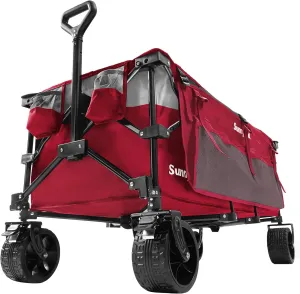 SunnyFeel 49''L 550lbs Heavy Duty Wagon Cart Foldable with Wheels,Extra Long Fold Up Wagons Carts with Side Pocket and Brakes for Camping Sports Garden Shopping (Red)