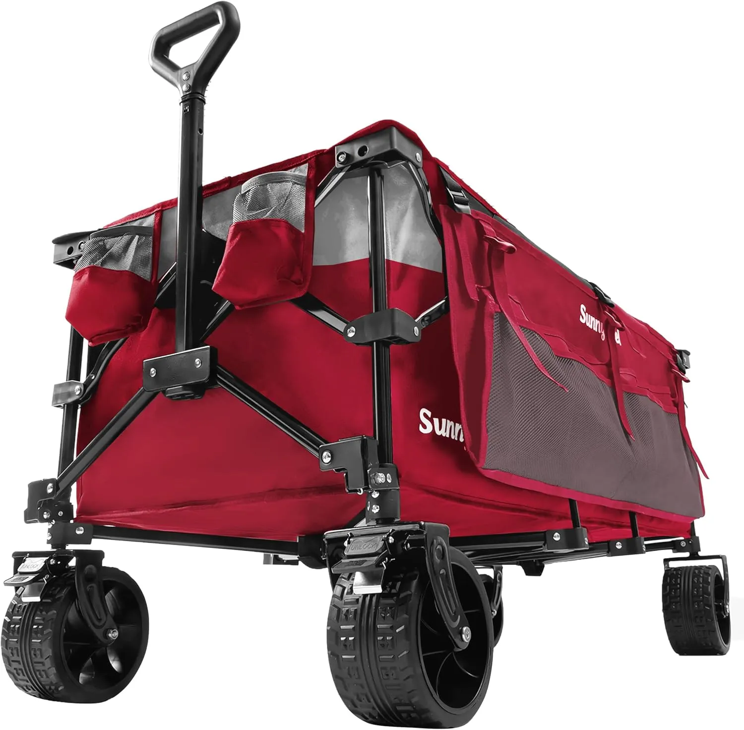 SunnyFeel 49''L 550lbs Heavy Duty Wagon Cart Foldable with Wheels,Extra Long Fold Up Wagons Carts with Side Pocket and Brakes for Camping Sports Garden Shopping (Red)