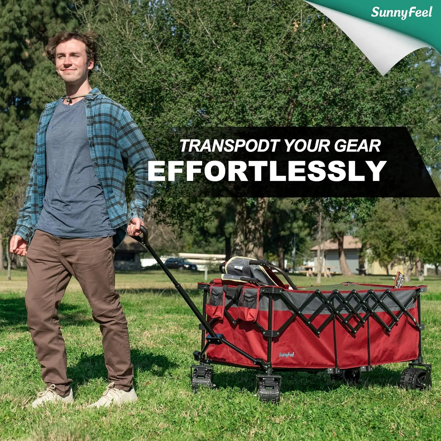 SunnyFeel 49''L 550lbs Heavy Duty Wagon Cart Foldable with Wheels,Extra Long Fold Up Wagons Carts with Side Pocket and Brakes for Camping Sports Garden Shopping (Red)