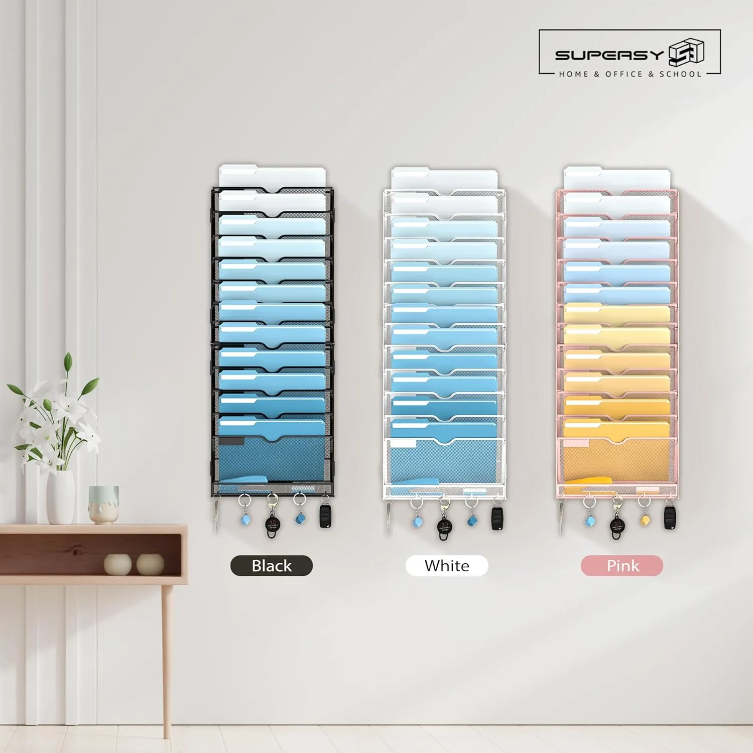 SUPEASY 13-Tier Wall File Holder Organizer with Hooks, Mesh Hanging File Organizer, Mail Organizer Wall Mounted for Papers, Folders, Office Magazine Rack, Assembly Needed, Black 2 pack