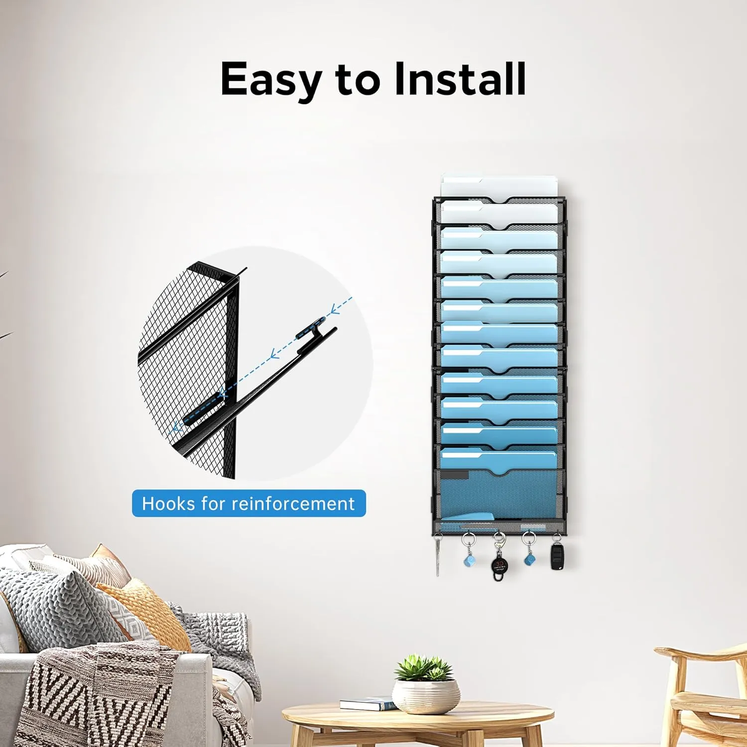 SUPEASY 13-Tier Wall File Holder Organizer with Hooks, Mesh Hanging File Organizer, Mail Organizer Wall Mounted for Papers, Folders, Office Magazine Rack, Assembly Needed, Black 2 pack