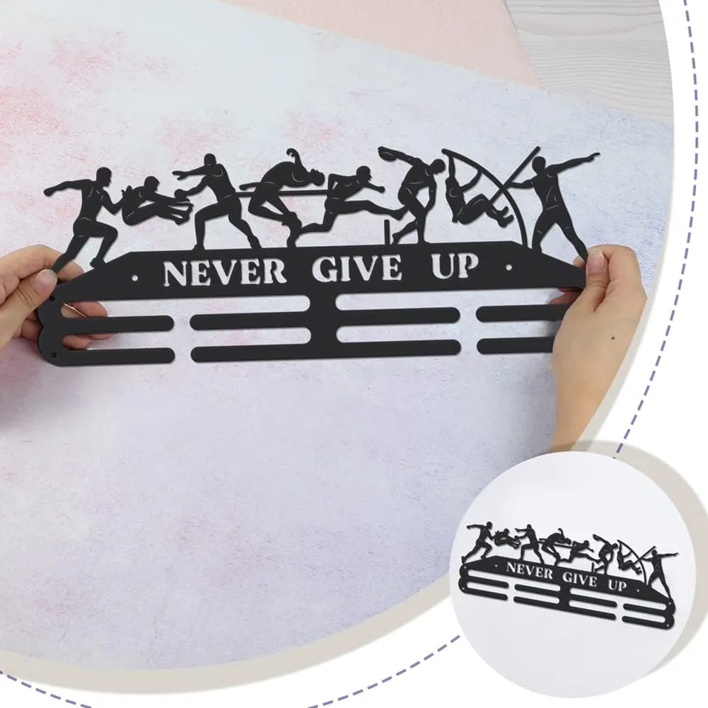SUPERDANT Track and Field Medal Hanger Display Decathlon Male Sports Medal Display Rack Never Give Up Wall Mount Ribbon Display Holder Rack Iron Hooks for 40  Awards Sports Wall Hanging Athlete Gift