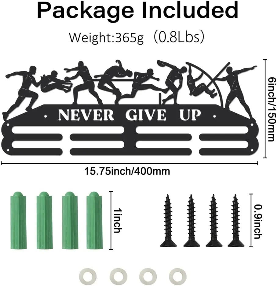 SUPERDANT Track and Field Medal Hanger Display Decathlon Male Sports Medal Display Rack Never Give Up Wall Mount Ribbon Display Holder Rack Iron Hooks for 40  Awards Sports Wall Hanging Athlete Gift