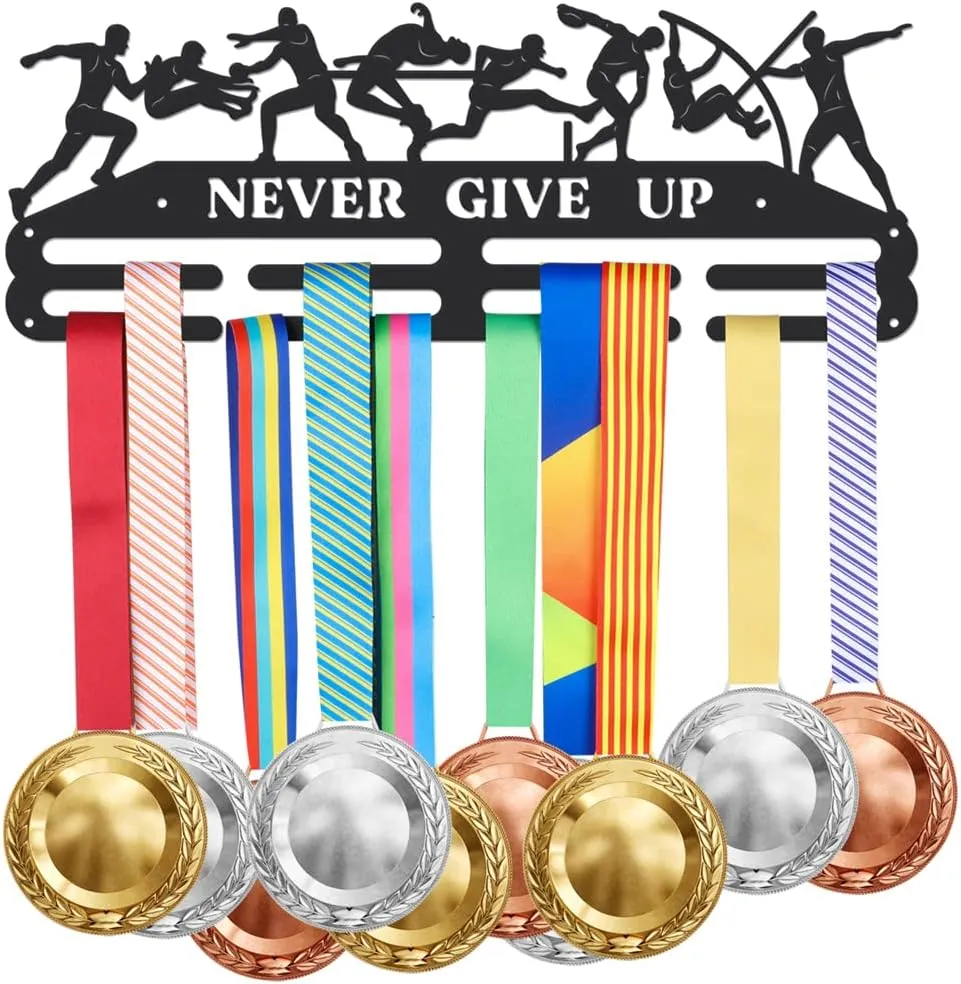 SUPERDANT Track and Field Medal Hanger Display Decathlon Male Sports Medal Display Rack Never Give Up Wall Mount Ribbon Display Holder Rack Iron Hooks for 40  Awards Sports Wall Hanging Athlete Gift