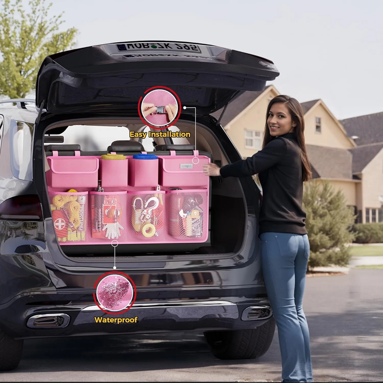 SURDOCA Hanging Trunk Organizer for SUV, [UPGRADED 7 Times] Car Organizers and Storage, Car Accessories Interior, Space Saving Expert-XL Pink