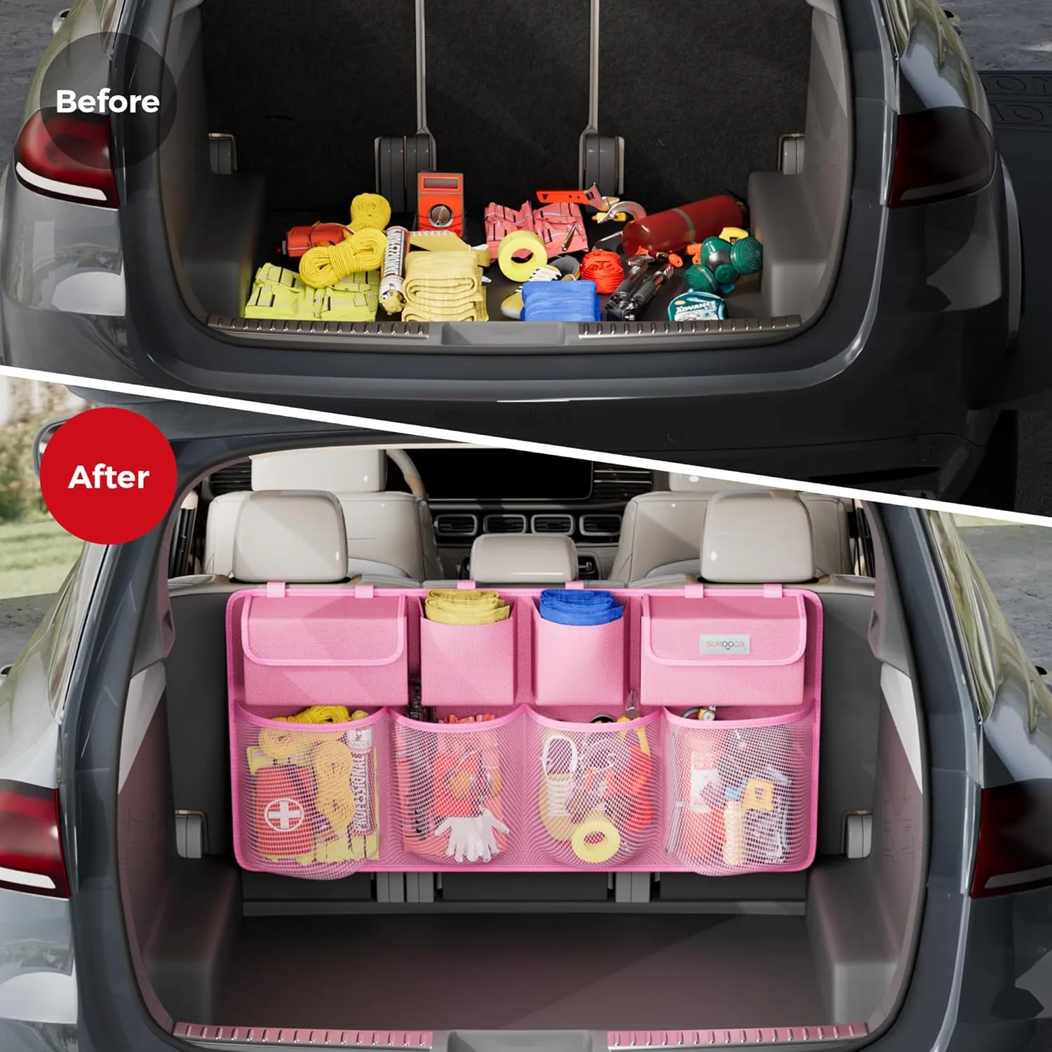 SURDOCA Hanging Trunk Organizer for SUV, [UPGRADED 7 Times] Car Organizers and Storage, Car Accessories Interior, Space Saving Expert-XL Pink