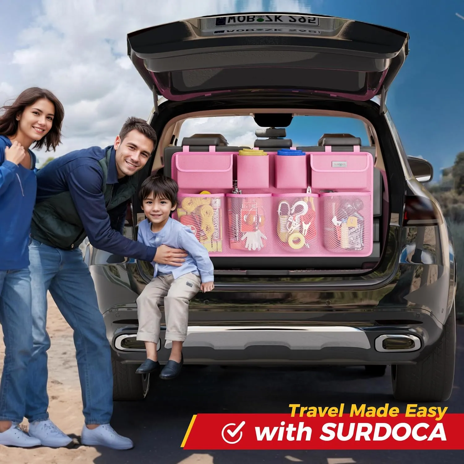 SURDOCA Hanging Trunk Organizer for SUV, [UPGRADED 7 Times] Car Organizers and Storage, Car Accessories Interior, Space Saving Expert-XL Pink