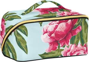 susiyo Bright Pink Peony Rhombus Cosmetic Bag Makeup Bag Travel Size Case Zipper Pouch Purse Storage Organizer for Women Ladies Girls