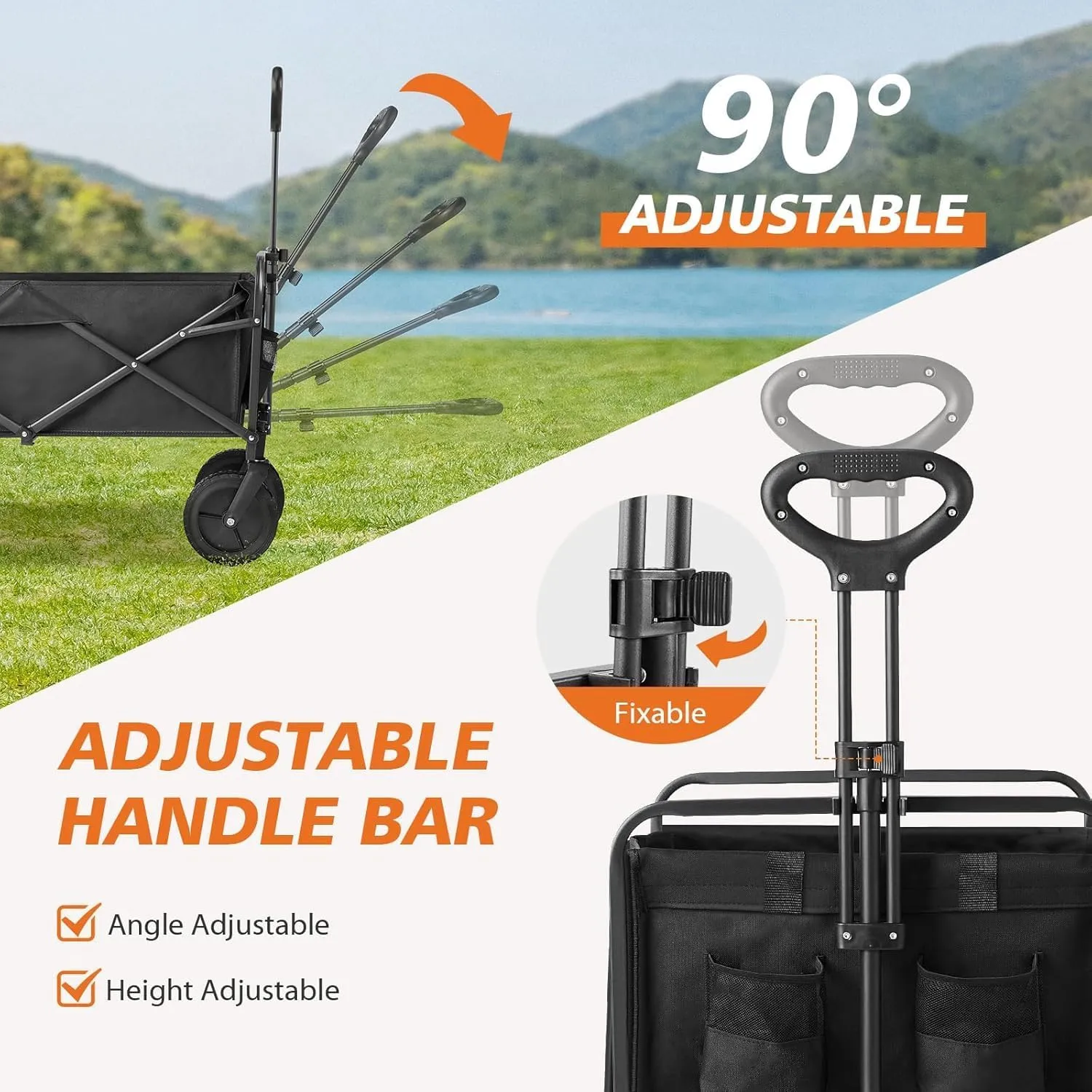 Sweetcrispy Collapsible Foldable Wagon Cart, Large Capacity Garden Beach Cart with All-Terrain Wheels, Heavy Duty Utility Grocery Wagon with Drink Holders for Shopping Sports Camping, Large Black