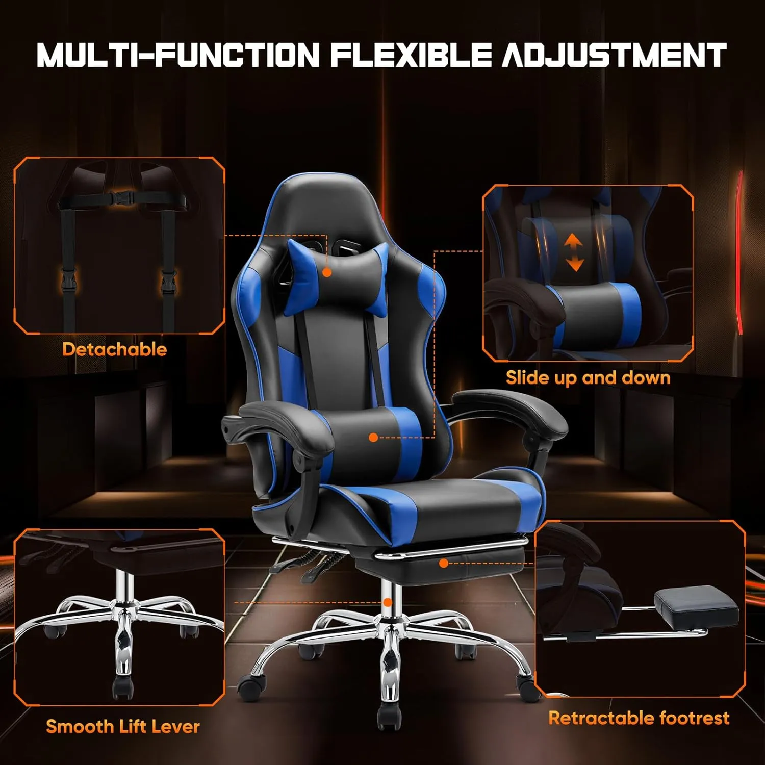 Sweetcrispy Video Game Desk Chair - Ergonomic Computer with Footrest and Comfy Lumbar Support, PU Leather Recliner with Headrest, Fixed Up Armrest, Height Adjustable with 360° Swivel, for Adults, Blue