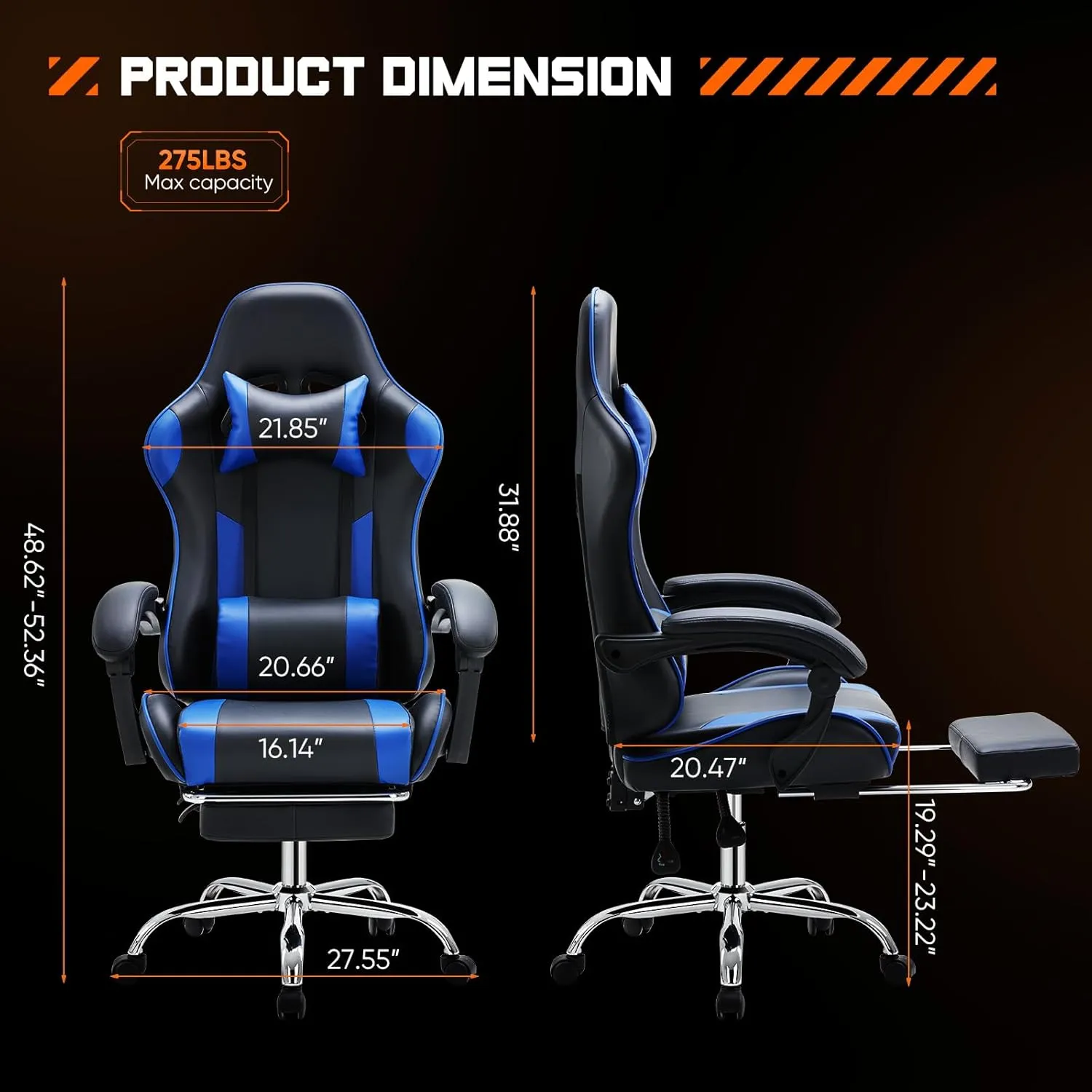 Sweetcrispy Video Game Desk Chair - Ergonomic Computer with Footrest and Comfy Lumbar Support, PU Leather Recliner with Headrest, Fixed Up Armrest, Height Adjustable with 360° Swivel, for Adults, Blue