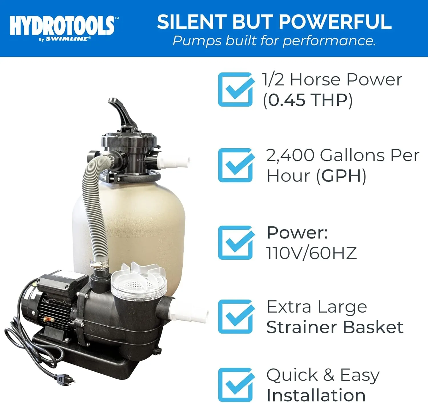 SWIMLINE HYDROTOOLS Pool Sand Filter Pump For Above Ground & Inground Pool | 14 Inch Cleaner System 1/2 HP (0.45 THP) Horsepower 2400 GPH | Pools Up To 10500 Gallons Intex Bestway Compatible 71405