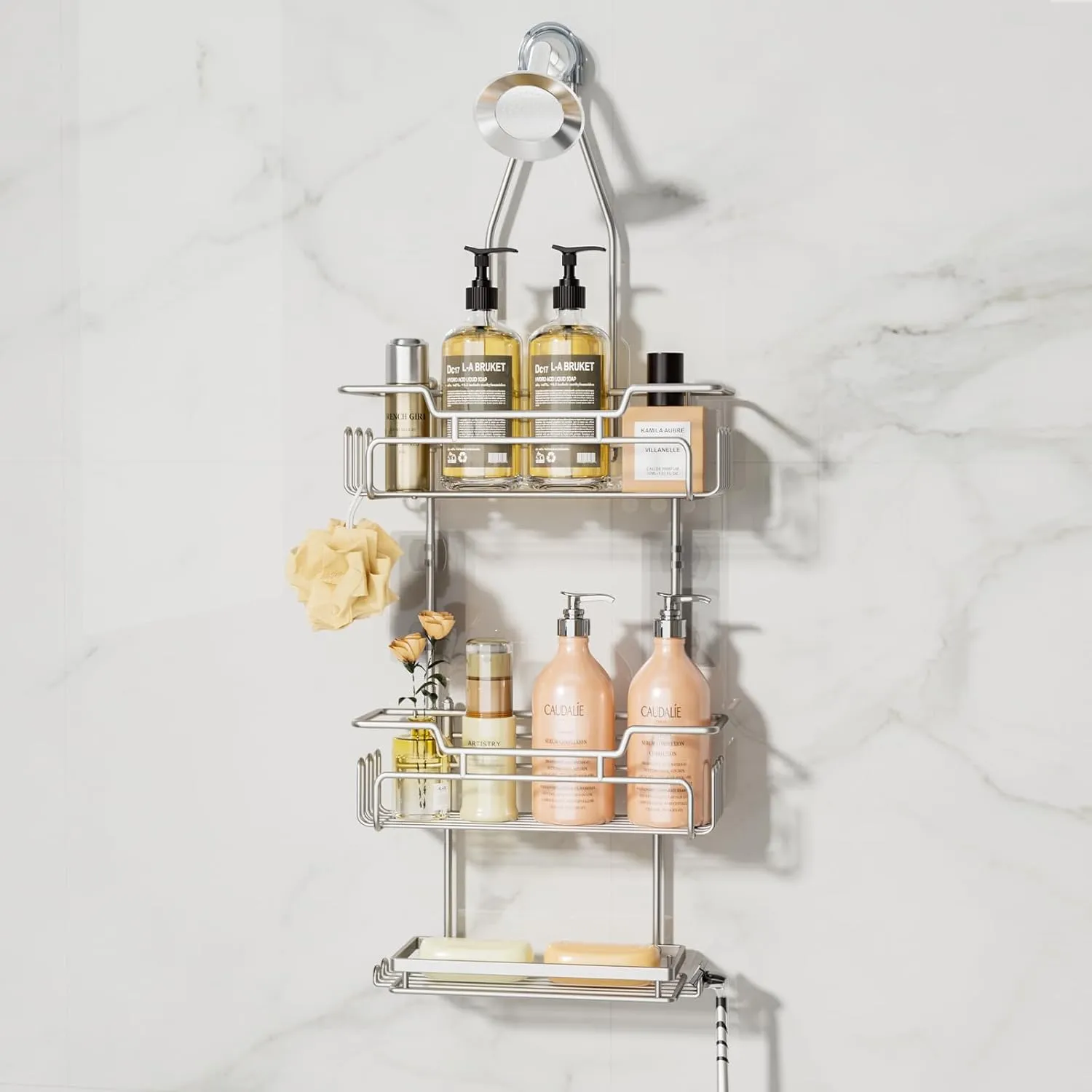 SWTYMIKI Bathroom Shower Caddy Hanging - 3 Tier Shower Organizer Over Head with Soap Holder & 16 Hooks Rustproof Hanging Rack Over Showerhead to Organize Bathroom Essentials, Sand Nickel