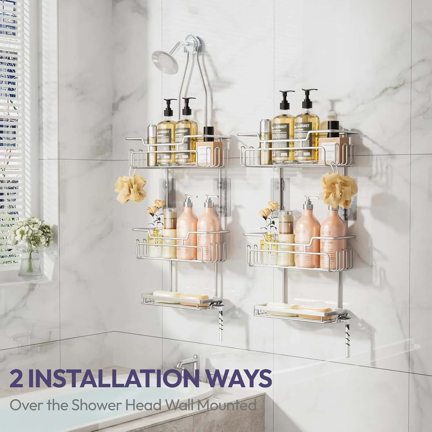 SWTYMIKI Bathroom Shower Caddy Hanging - 3 Tier Shower Organizer Over Head with Soap Holder & 16 Hooks Rustproof Hanging Rack Over Showerhead to Organize Bathroom Essentials, Sand Nickel