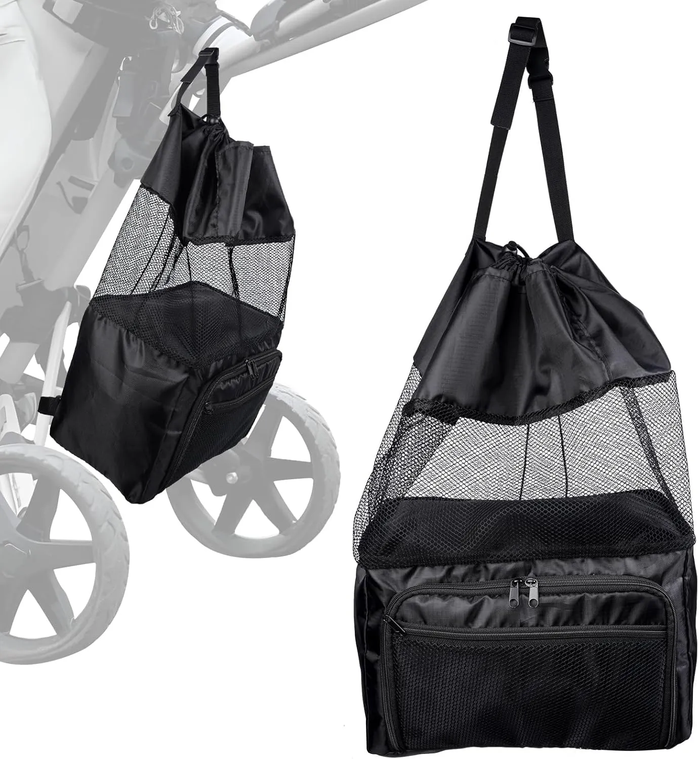 T TGBROS Universal Golf Push Cart Accessories - Expandable Mesh Storage Bag with Zippered Pockets, Backside Extension Net Organizer for Push-Pull Golf Carts (Black)